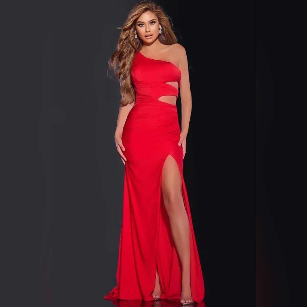 Jovani #40475 Elegant Red Stretch Satin One-Shoulder Prom Gown, Size 12